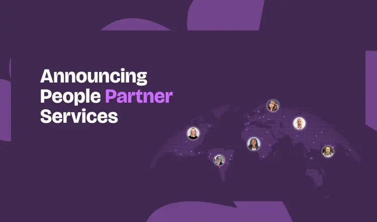 Text 'Announcing People Partner Services' with portraits of diverse individuals placed on a purple world map background.