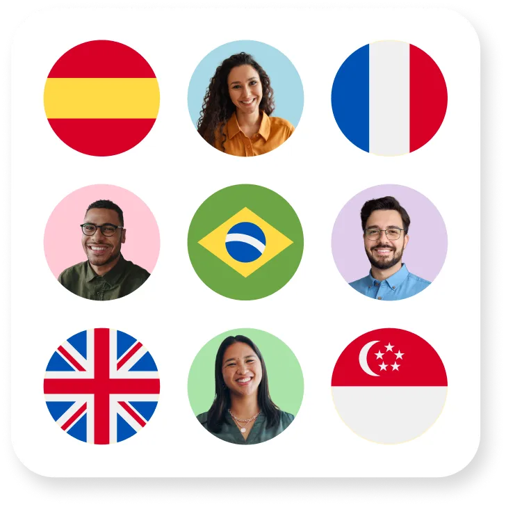 Grid of nine circles alternating between international flags of Spain, France, Brazil, United Kingdom, Singapore, and smiling diverse individuals with colored backgrounds.