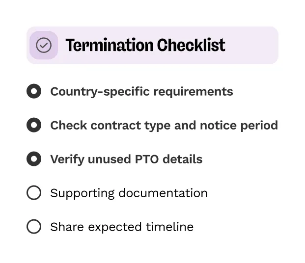 Termination checklist with bullets for country-specific requirements, contract type and notice period, verifying unused PTO details, and items for supporting documentation and sharing expected timeline.