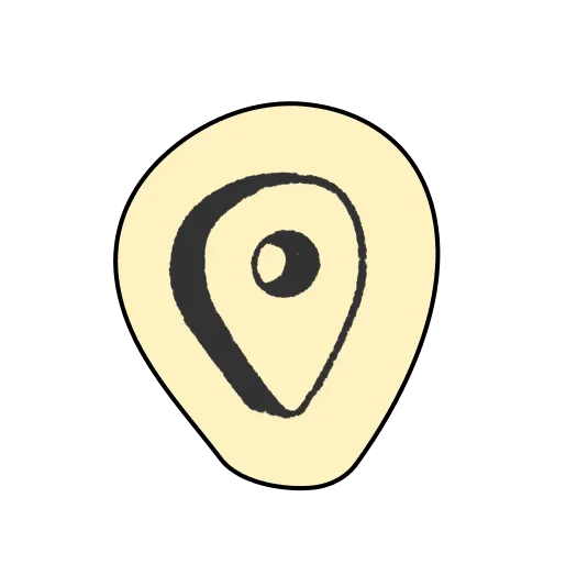 Hand-drawn black location pin icon on a pale yellow abstract shape background.