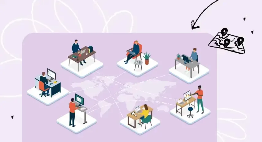 Illustration of seven people working remotely on computers, connected by dotted lines over a world map background.