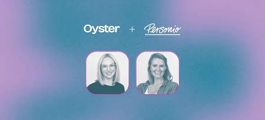 Oyster and Personio logos above profile photos of two smiling women on a blue and purple gradient background.