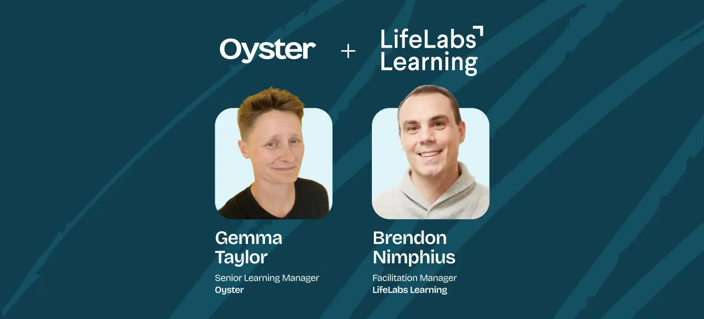 Portraits of Gemma Taylor, Senior Learning Manager at Oyster, and Brendon Nimphius, Facilitation Manager at LifeLabs Learning, on a blue patterned background with Oyster and LifeLabs Learning logos above.