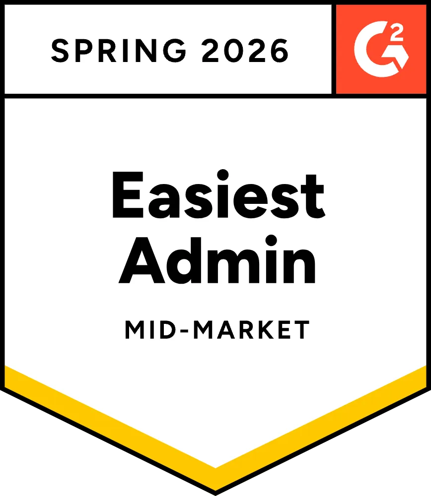 G2 badge for Easiest Admin Mid-Market Spring 2026 award.