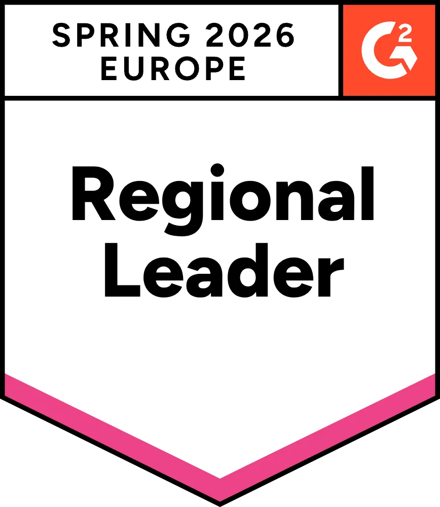 G2 Spring 2026 Europe Regional Leader badge with red and pink accents.