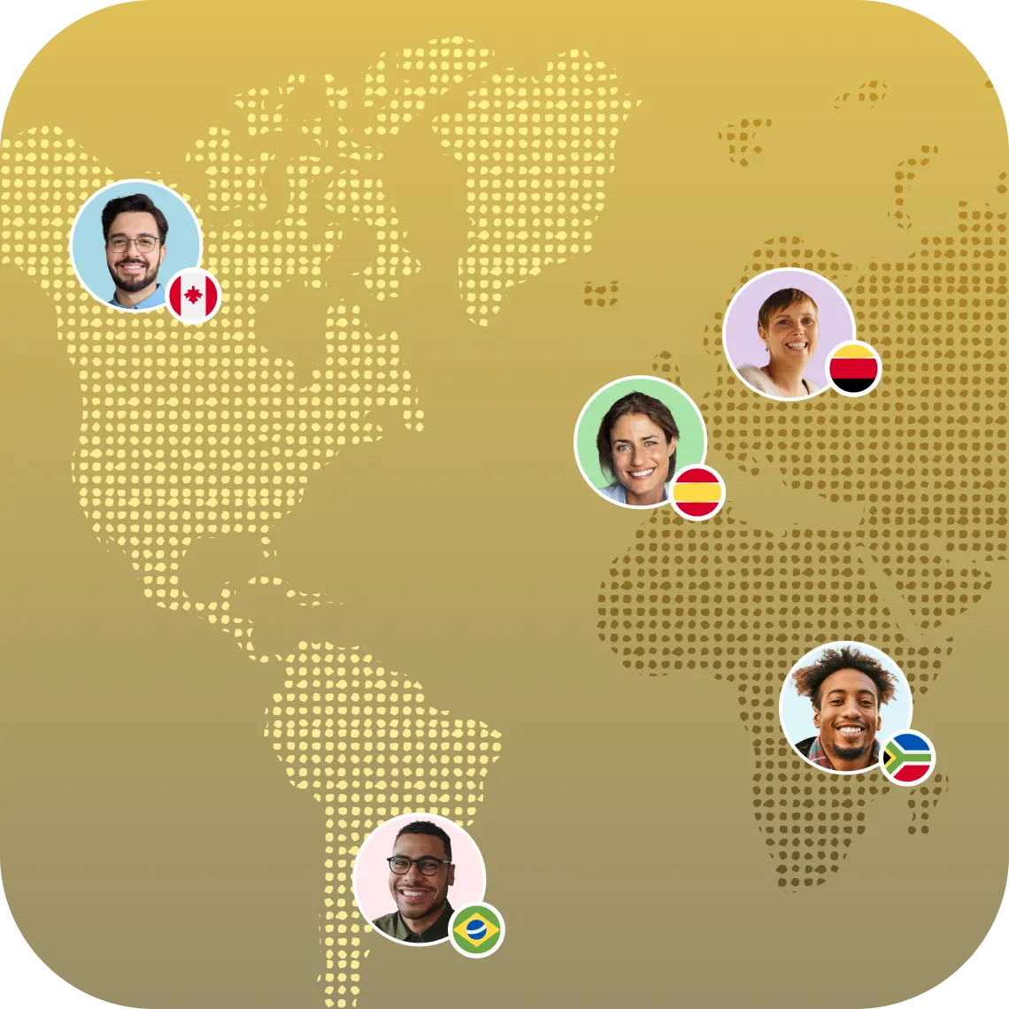 Stylized world map with smiling faces near Canada, Brazil, Spain, Germany, and South Africa, each with respective national flags.