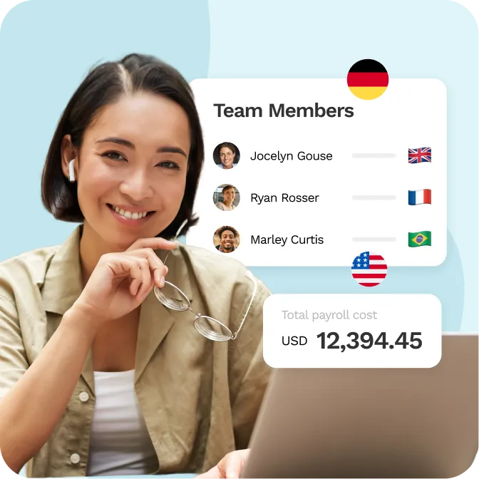 Smiling woman holding eyeglasses sitting at a laptop with a graphic showing team members from UK, France, Brazil, and total payroll cost of USD 12,394.45.