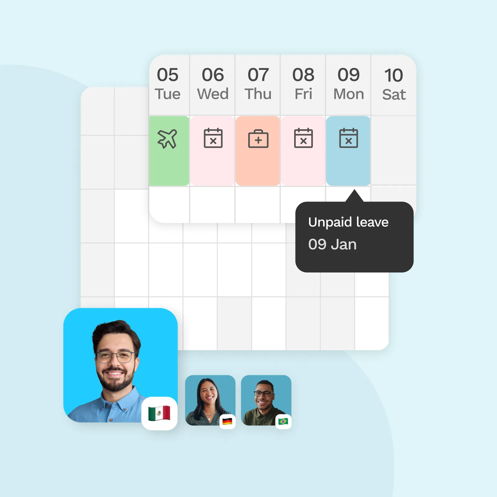 Calendar view showing various leave types from Jan 5 to Jan 10 with icons for travel and different leave statuses, including a tooltip for unpaid leave on Jan 9, and three profile pictures with flags of Mexico, Germany, and Brazil.