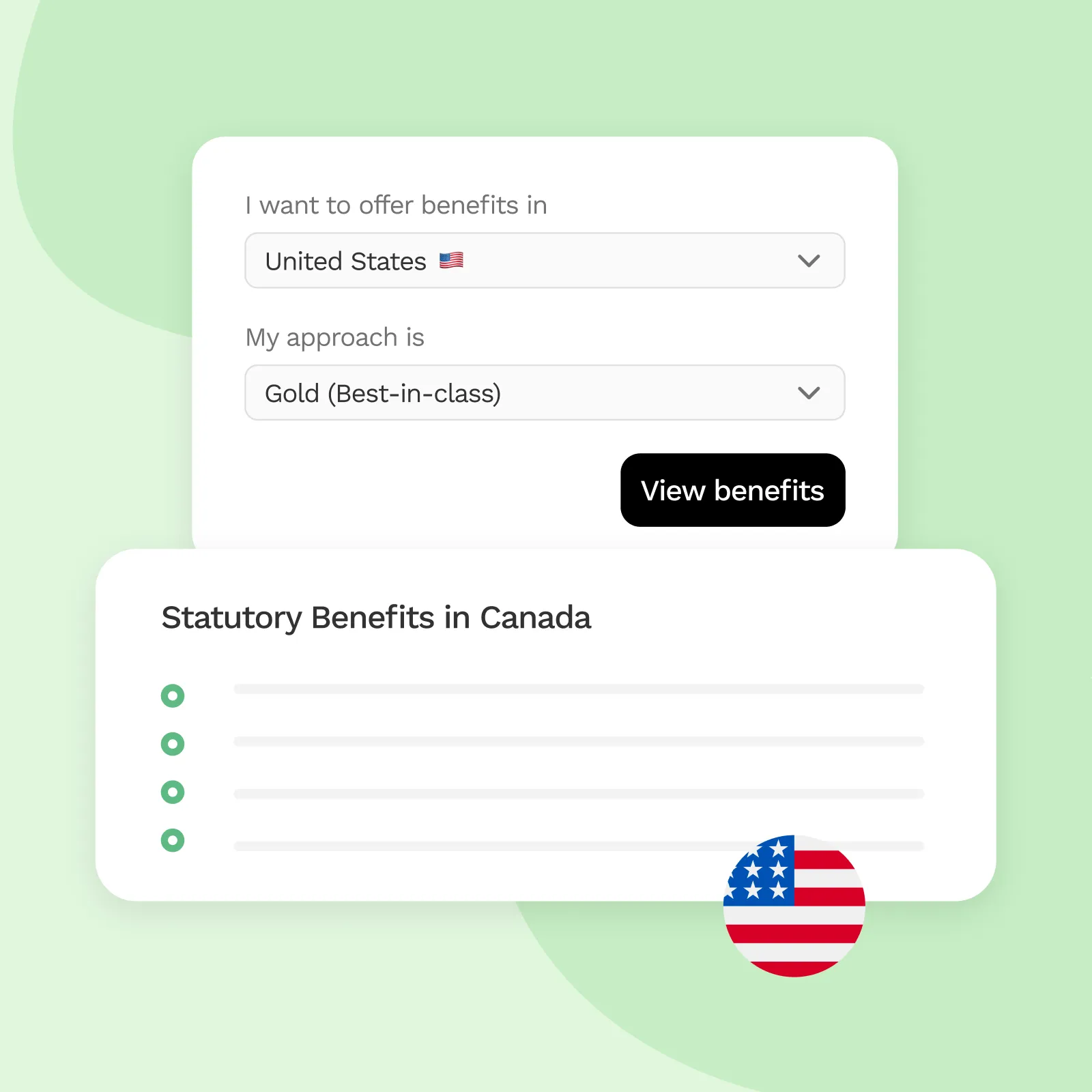 User interface showing dropdown selections for offering benefits in United States and approach as Gold (Best-in-class), with a button labeled 'View benefits' and a section titled Statutory Benefits in Canada.