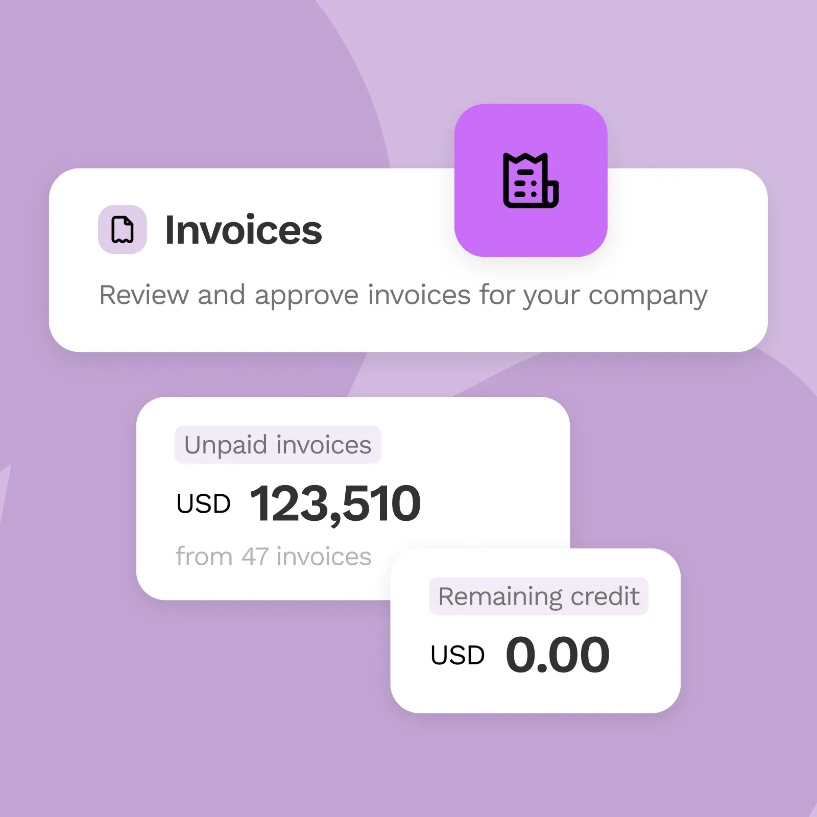 Invoices section showing unpaid invoices amounting to USD 123,510 from 47 invoices and remaining credit of USD 0.00.