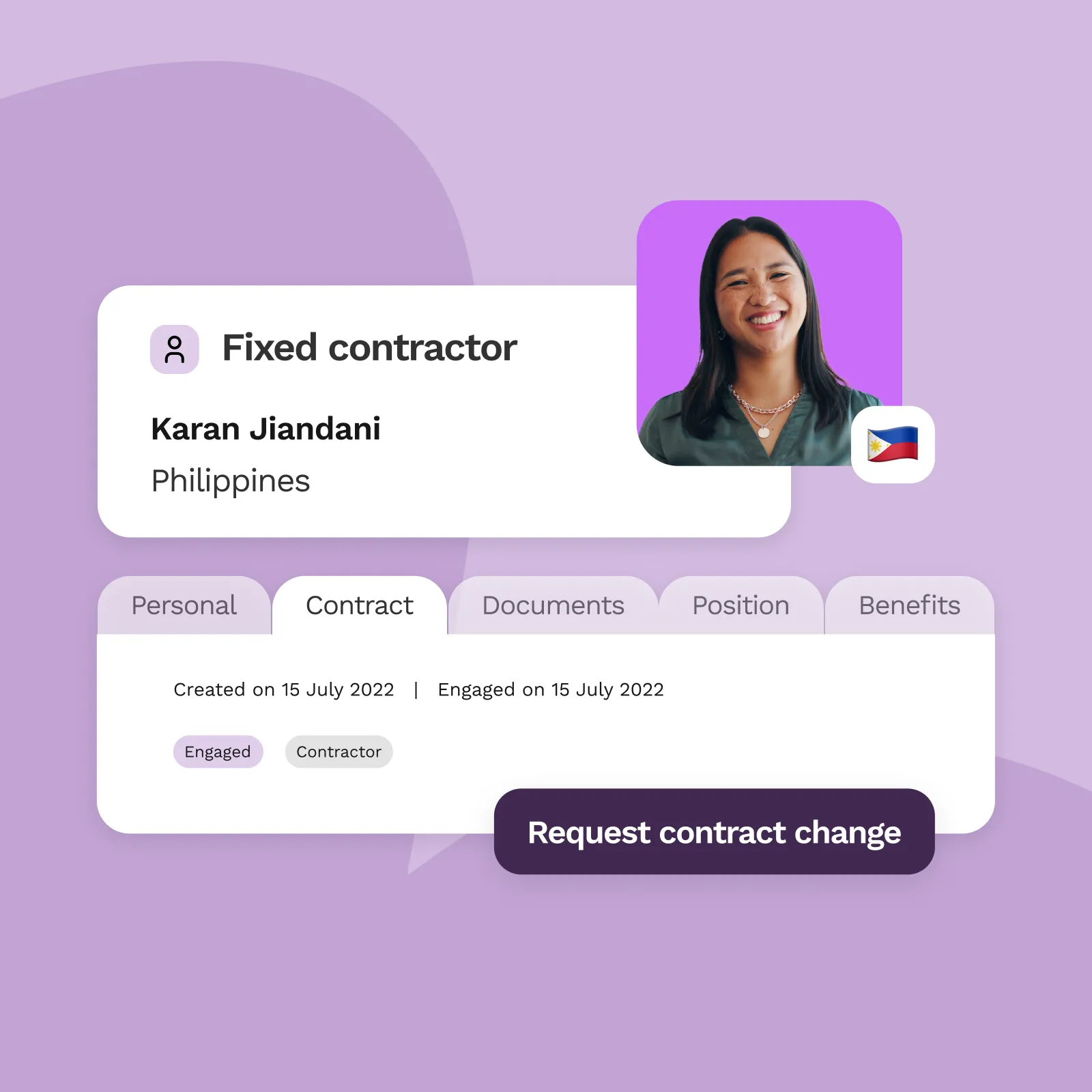Profile card of Karan Jiandani, a fixed contractor from the Philippines, showing contract details created and engaged on 15 July 2022, with a button labeled 'Request contract change.'