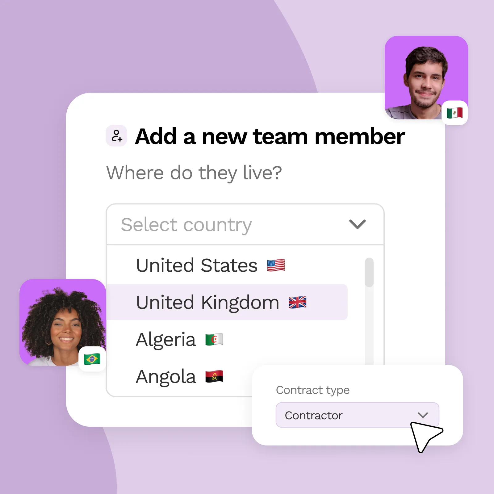 User interface for adding a new team member, showing a country dropdown with United Kingdom selected, and a contract type dropdown set to Contractor.
