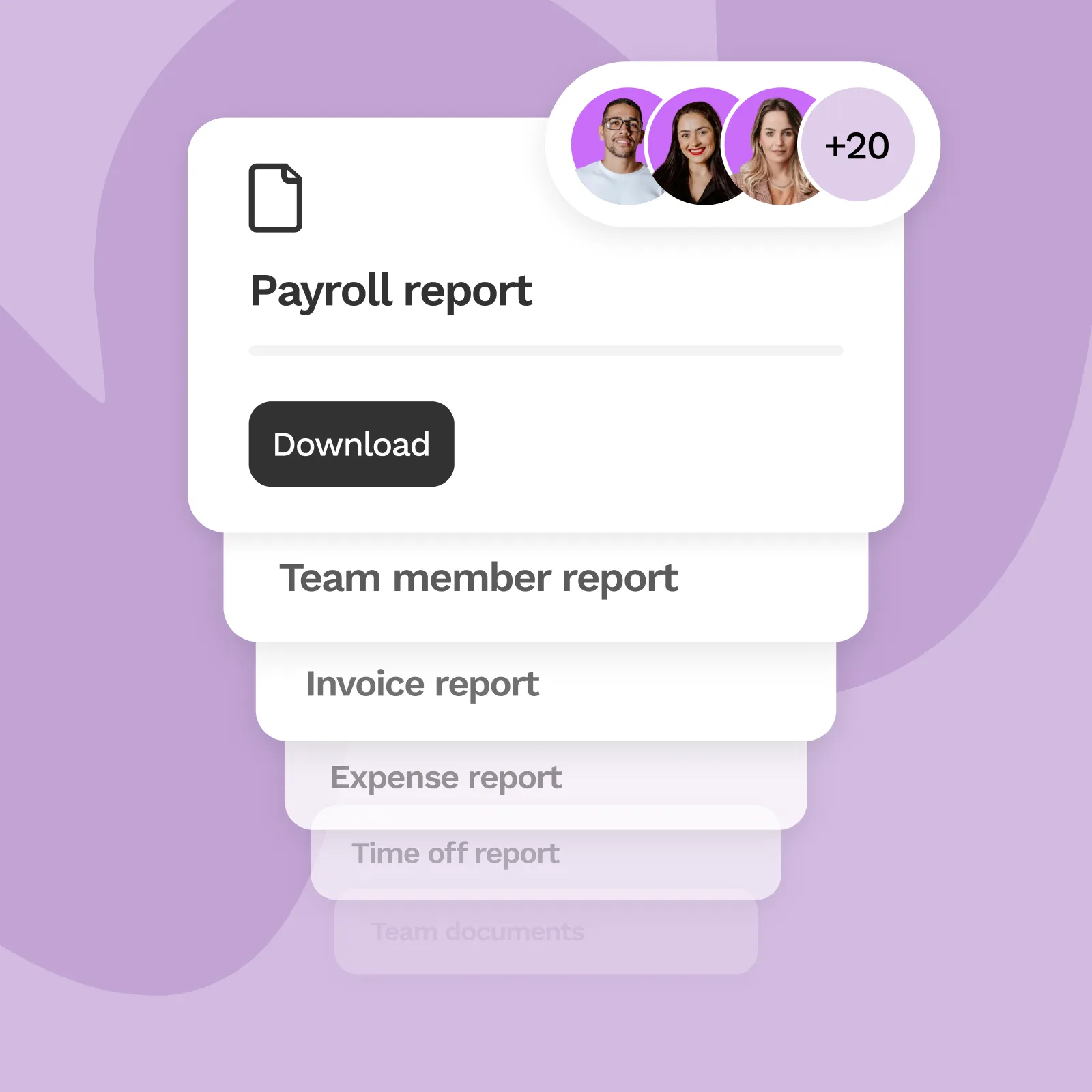 Payroll report card with download button and avatars of collaborators plus 20 more on purple background.