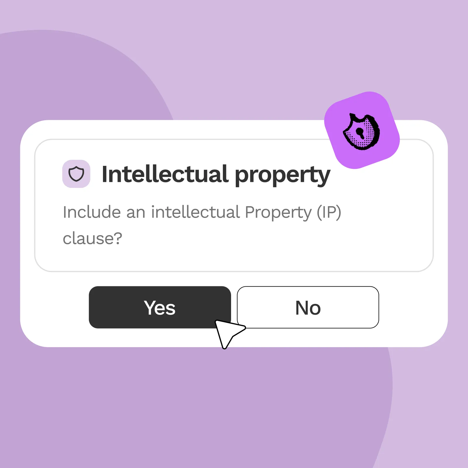 Interface prompt asking to include an intellectual property clause with options Yes and No, with cursor pointing at Yes.