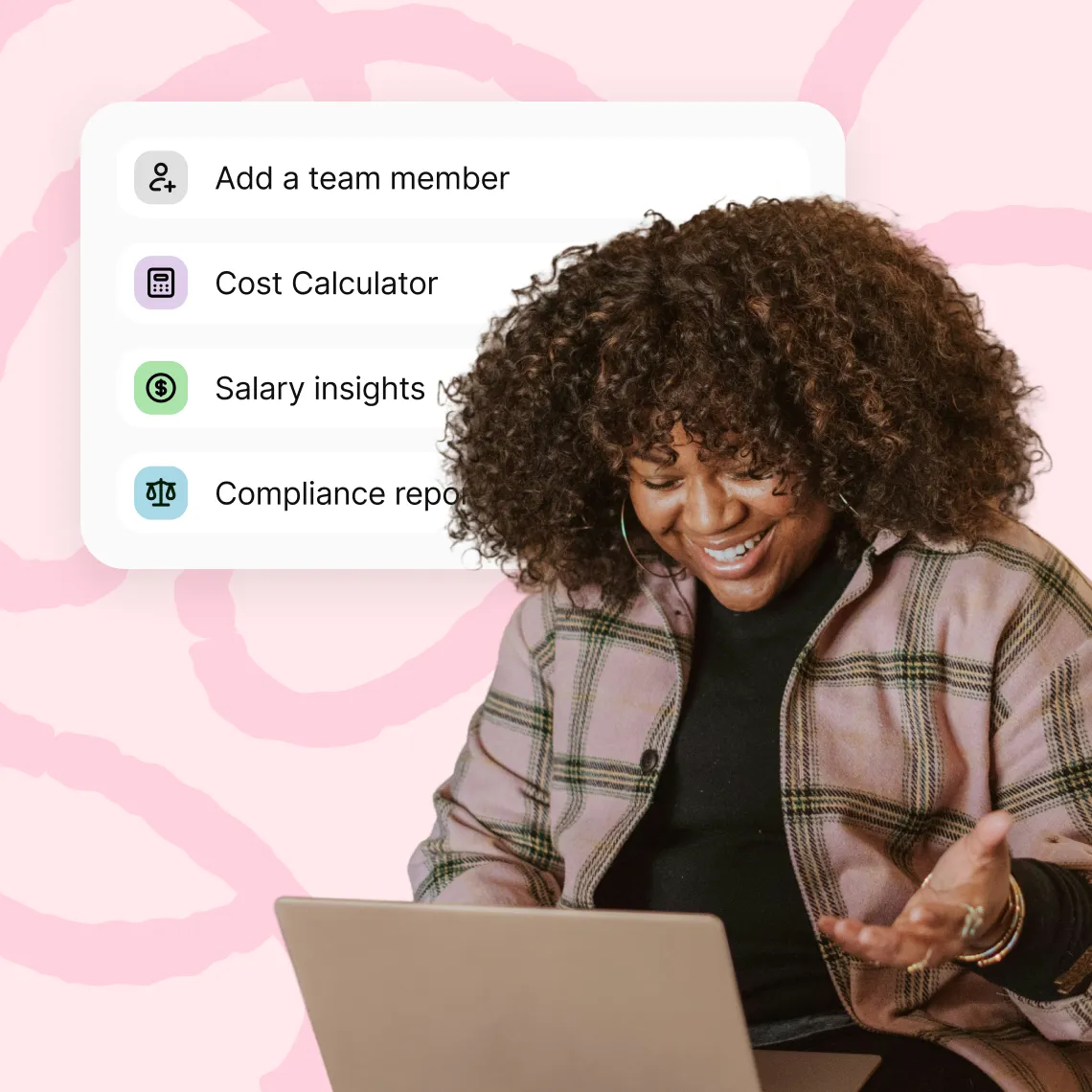 Smiling woman with curly hair using a laptop, with an overlay menu showing options: Add a team member, Cost Calculator, Salary insights, and Compliance reports.