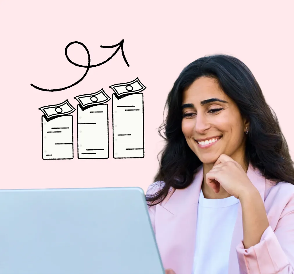 Smiling woman looking at a laptop with an upward-trending bar chart and dollar bills graphic on a pink background.