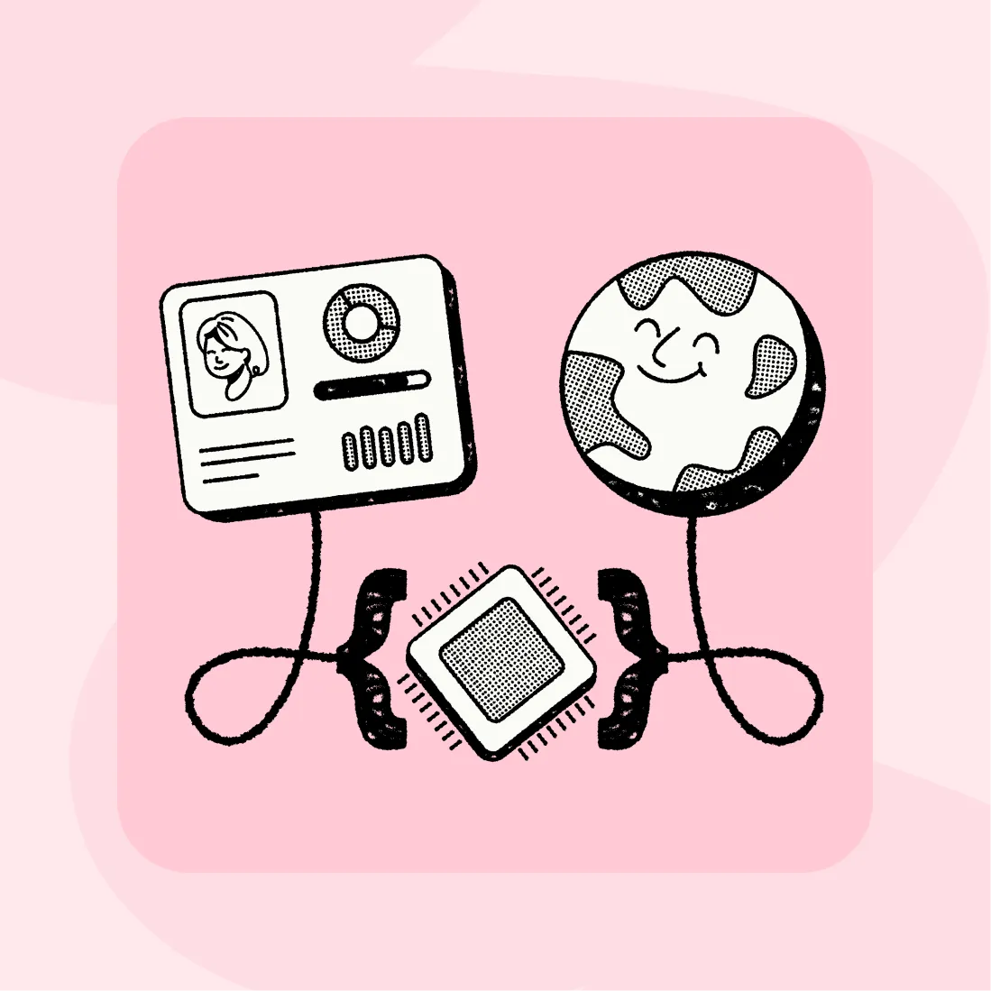 Illustration showing a user profile card and a smiling Earth connected by lines to a central microchip symbol with curly braces, on a pink background.