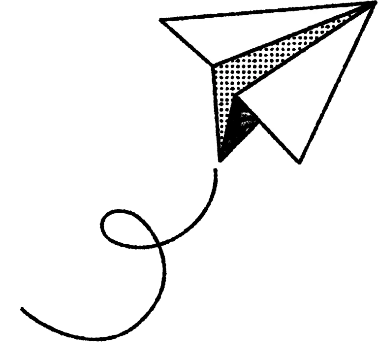 Black and white illustration of a paper airplane with dotted shading on one side.
