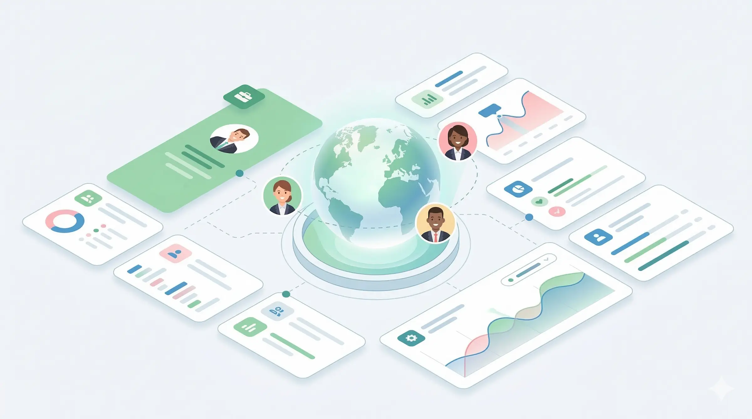 Illustration of a globe surrounded by user profile icons and various data charts representing global networking and data analytics.