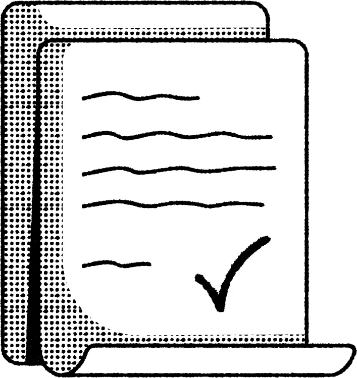 Illustration of two overlapped sheets of paper, front sheet has lines and a checkmark at bottom right.