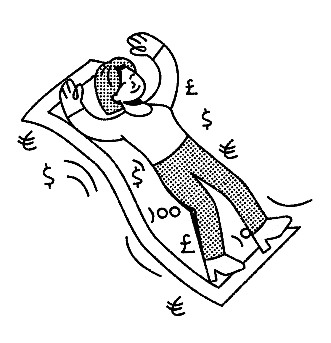Illustration of a person reclining on a large banknote with currency symbols.