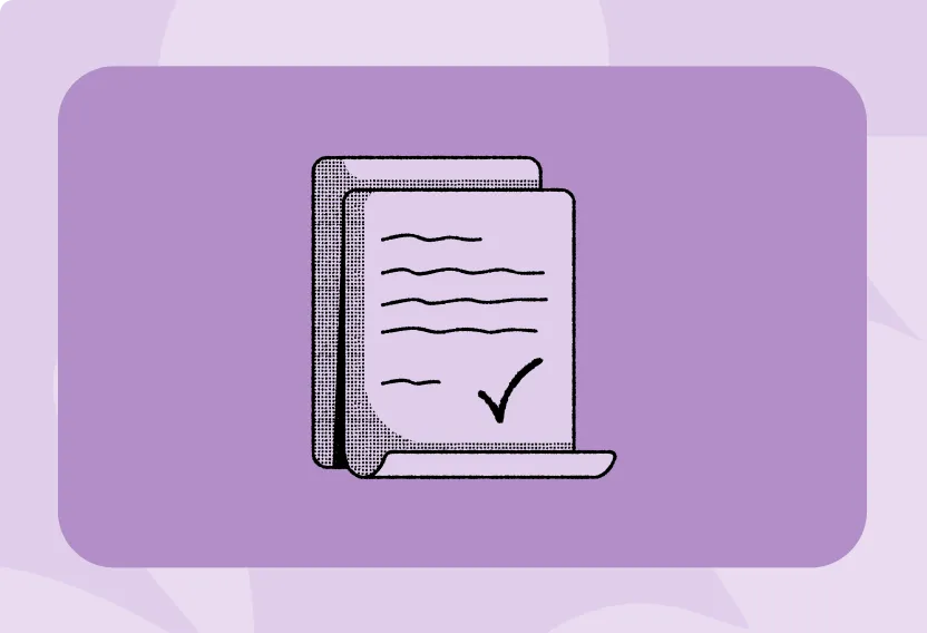 Illustration of two stacked documents with lines representing text and a checkmark on the front page.