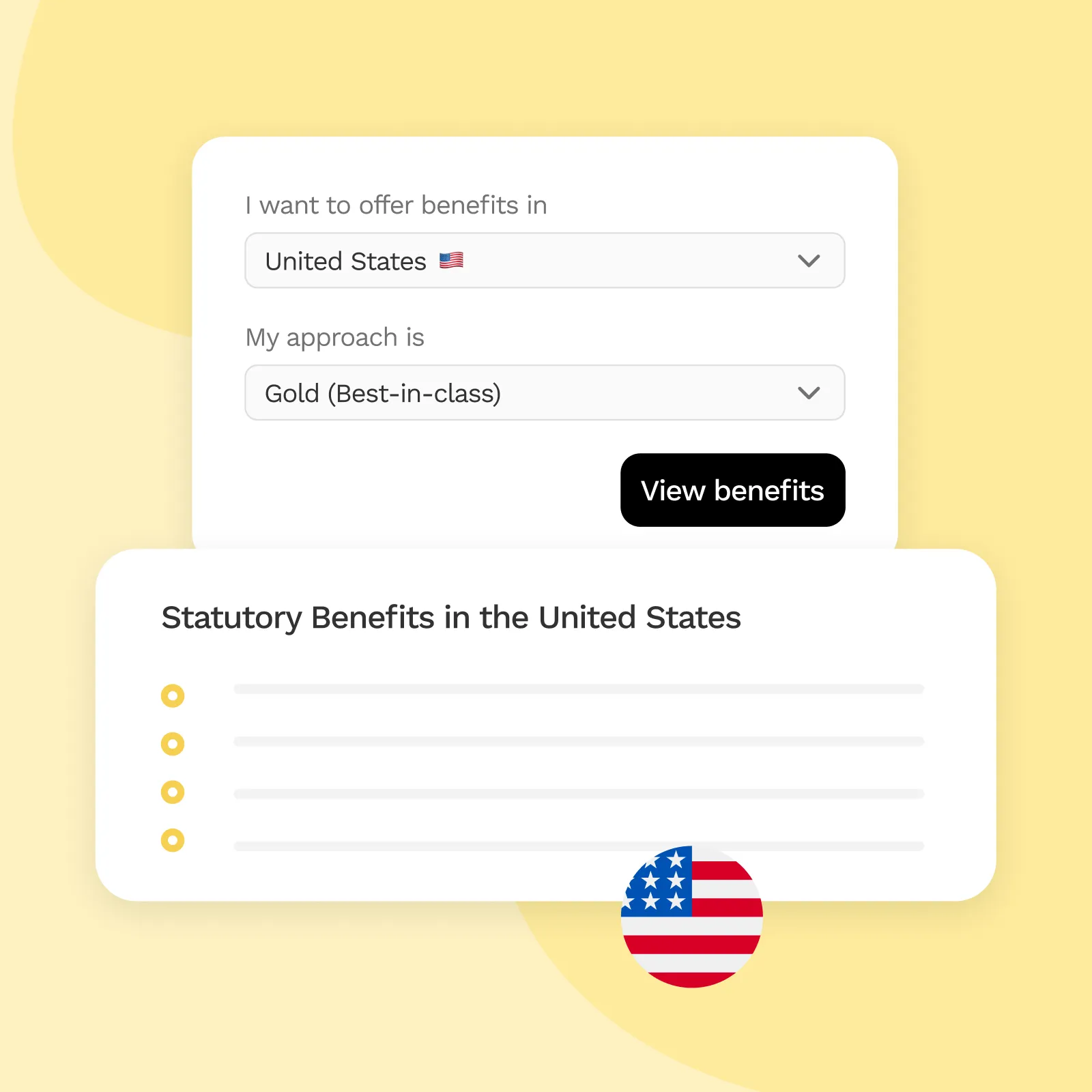 User selects United States and Gold approach for benefits with a button to view statutory benefits.