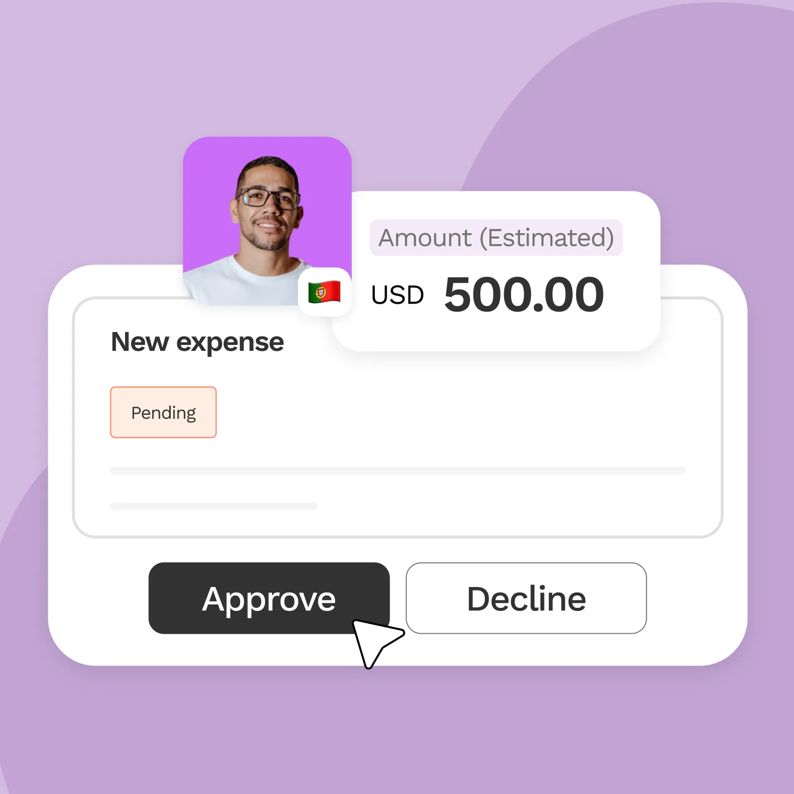 User photo with Portugal flag, estimating a new pending USD 500 expense, cursor on Approve button.