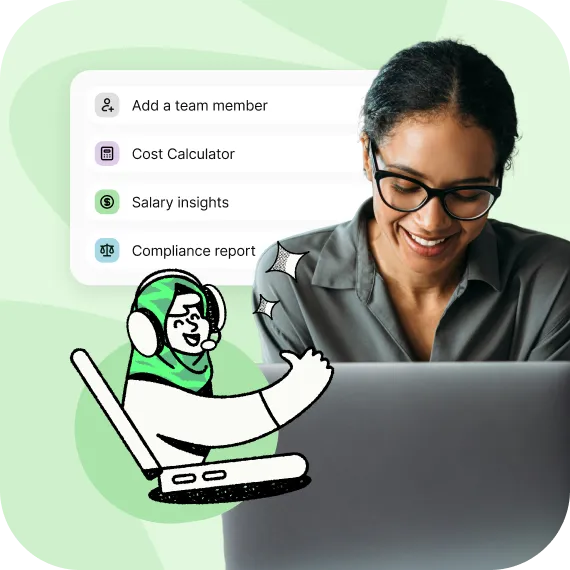 Woman with glasses smiling while working on a laptop alongside a cartoon figure and task options.