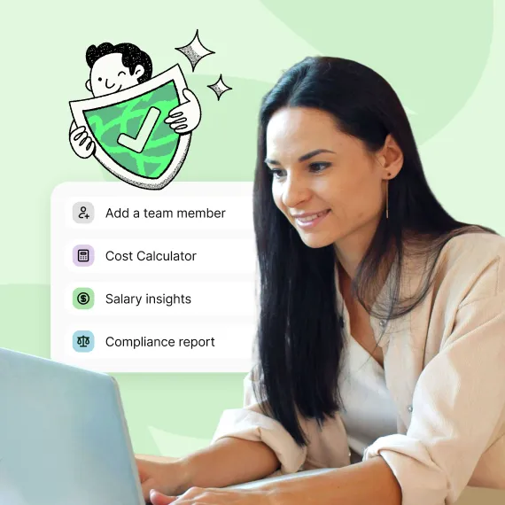 Woman smiling at laptop screen with icons for adding team members, cost calculator, salary insights, and compliance report.