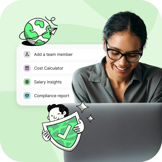 Woman smiling at laptop screen with icons for adding team members, cost calculator, salary insights, and compliance report.
