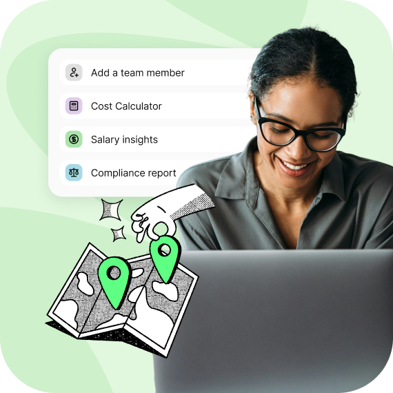 Woman with glasses smiling at a laptop with menu options and map icons overlayed on the image.