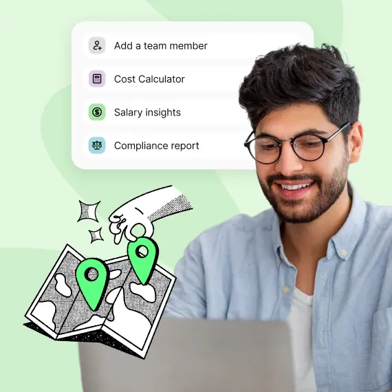 Woman with glasses smiling at a laptop with menu options and map icons overlayed on the image.