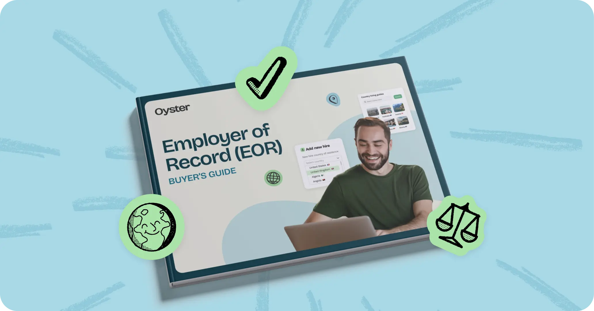 Book titled Employer of Record (EOR) Buyer's Guide with a smiling man using a laptop on the cover.