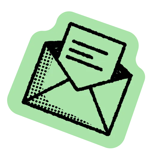 Black outlined envelope with a letter inside on a green background.