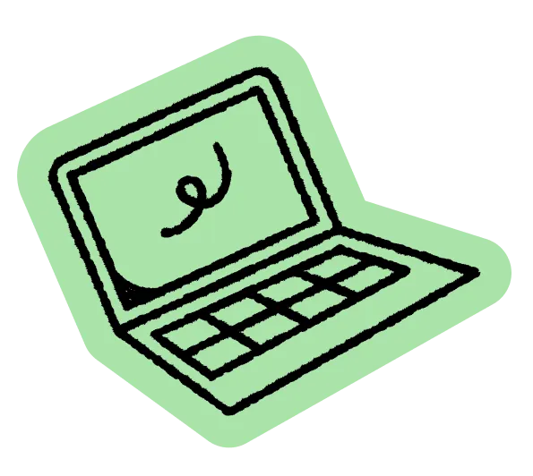 Simple green icon of an open laptop with a squiggle on the screen and black outline keyboard.