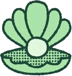 Stylized green open shell with a round pearl inside.