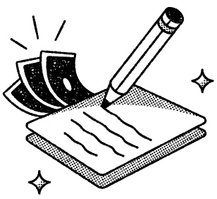 Black and white illustration of a hand with pencil writing on paper with money bills behind it.