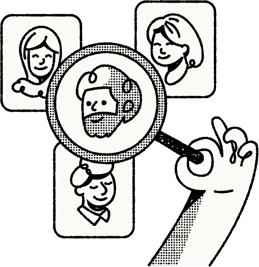 Hand holding magnifying glass focusing on a bearded man's face among three smiling faces.