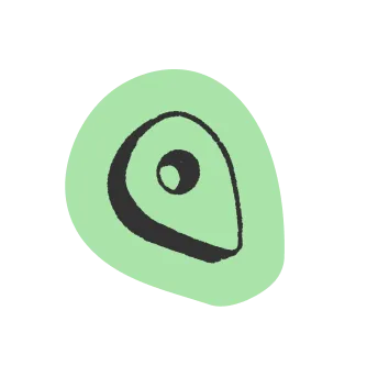 Black location pin icon on a light green irregular shape background.