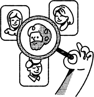 Hand holding magnifying glass focusing on smiling man among three portraits of people.