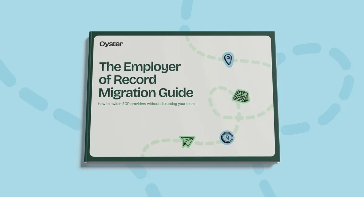 Book titled The Employer of Record Migration Guide by Oyster with icons of map marker, calendar, paper plane, and compass.