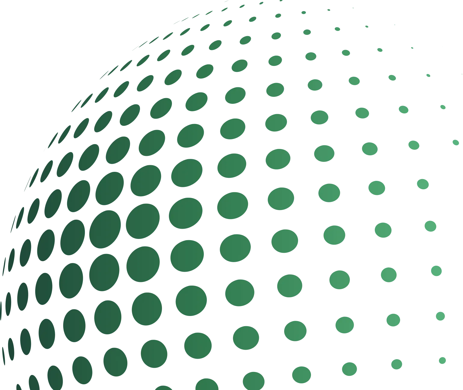 Curved array of green dots on a black background forming a spherical grid pattern.