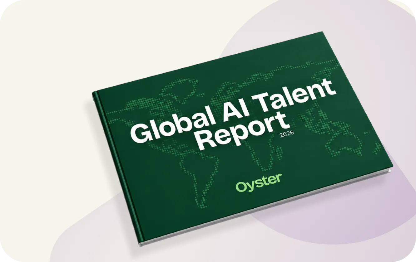 Closed green book titled 'Global AI Talent Report 2026' by Oyster, featuring a dotted world map design on the cover.