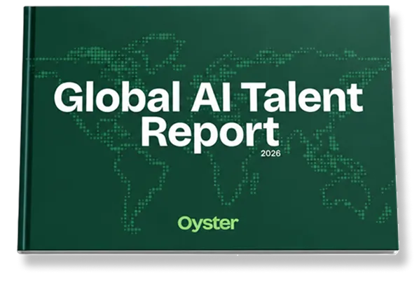 Cover of a book titled 'Global AI Talent Report 2026' with a dotted world map design on a dark green background and the word 'Oyster' at the bottom.