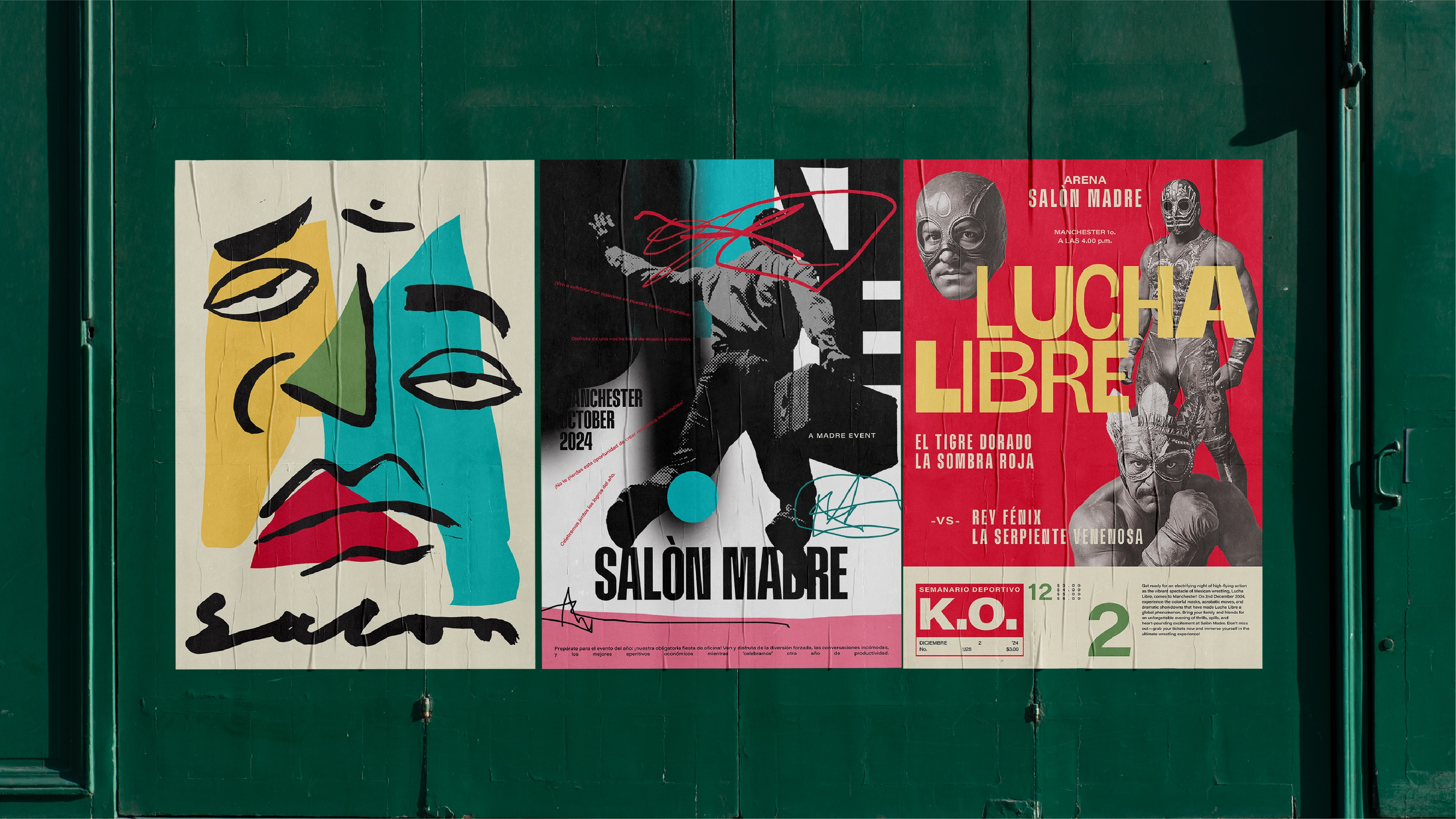 A mockup of 3 poster designs created during the Salon Madre brand design project by Sanna Studio. One Cubism face, one a photo collage and another is a wrestling poster.