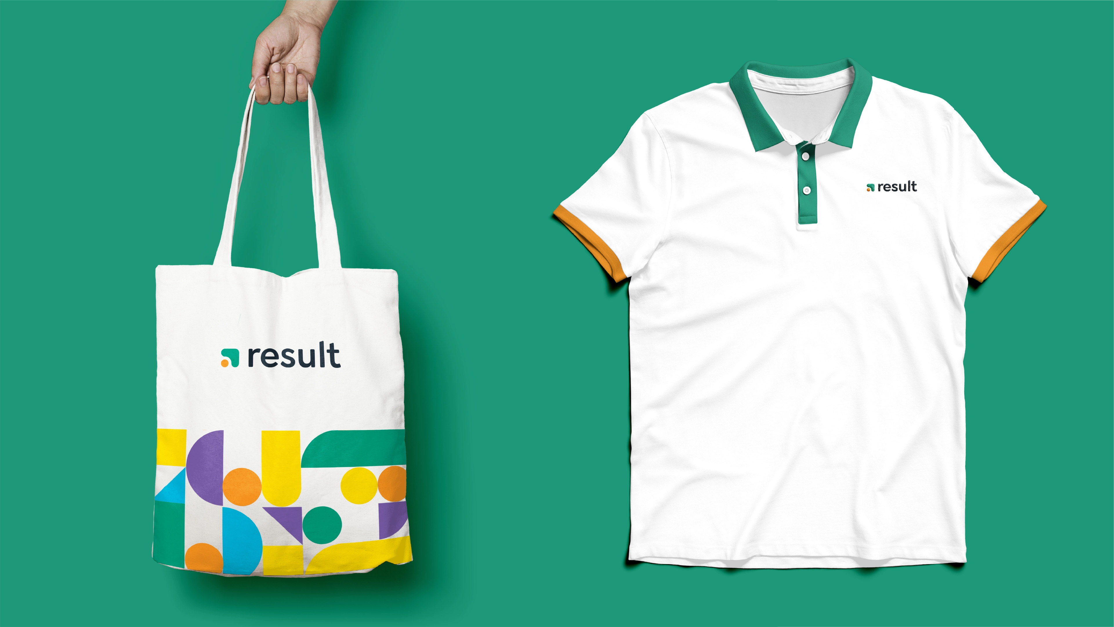 A mockup of the brand identity for Result CIC in use on various merchandise, including T-Shirts and Tote Bags, by Sanna Studio.