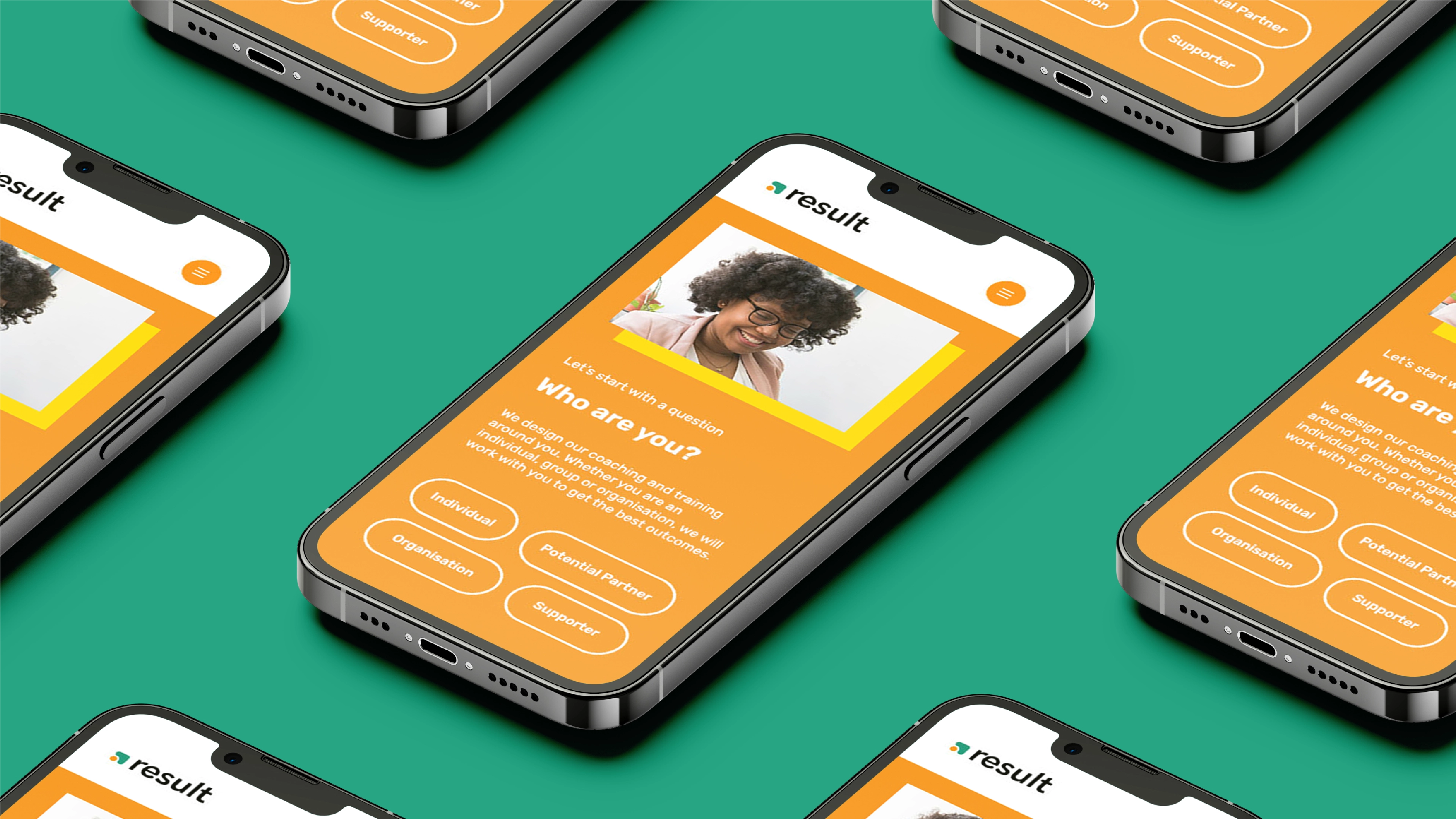 A mockup of the mobile website design for Result CIC. Designed by Sanna Studio