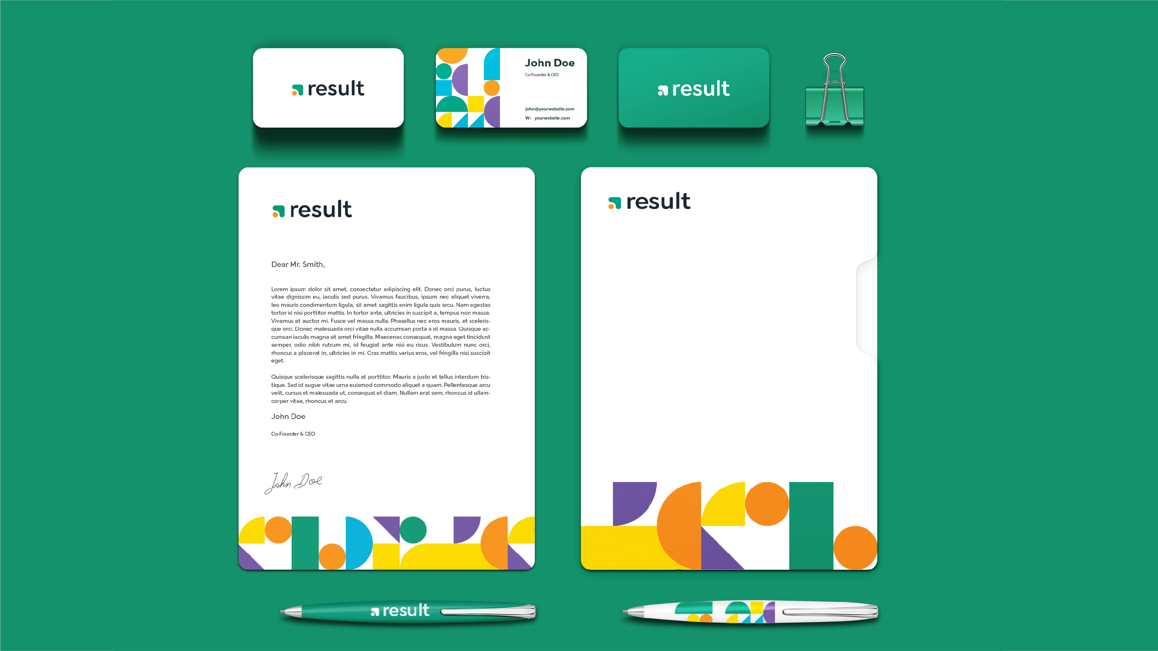 A mockup of the brand identity for Result CIC in use on various stationary, including pens, pencils, business cards and documents, by Sanna Studio.