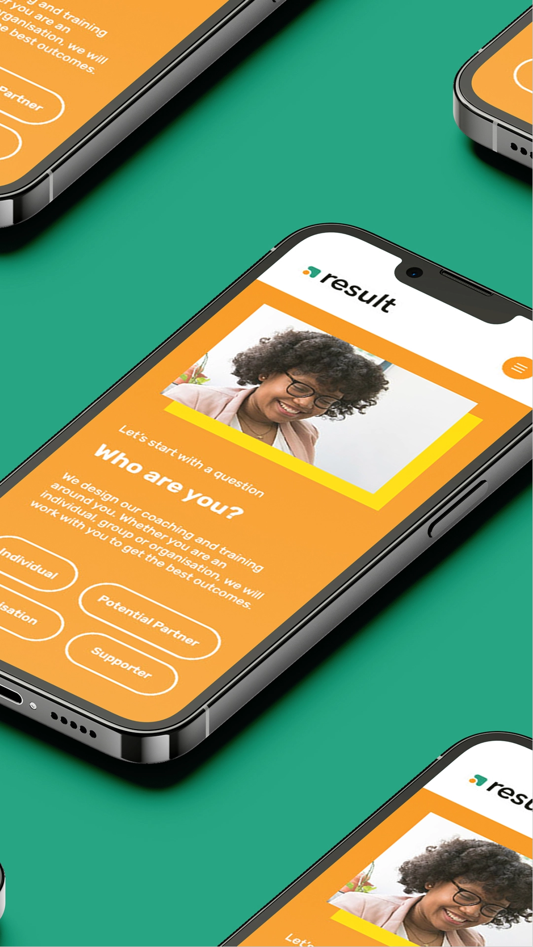 A mockup of the mobile website design for Result CIC. Designed by Sanna Studio